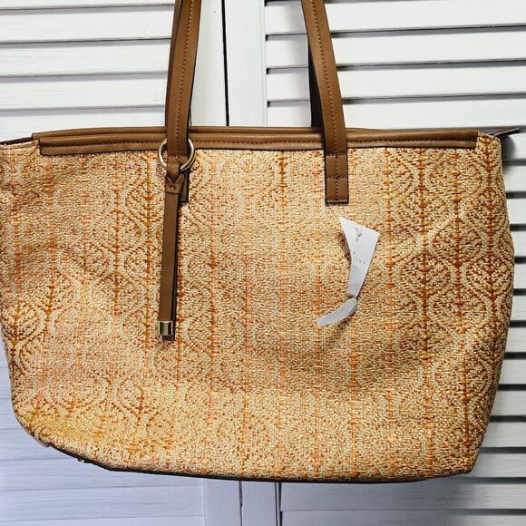 NWT NEW DIRECTIONS ORANGE & TAN TWEED STRAW WOVEN LARGE TOTE HANDBAG/PURSE $88 - Picture 4 of 13
